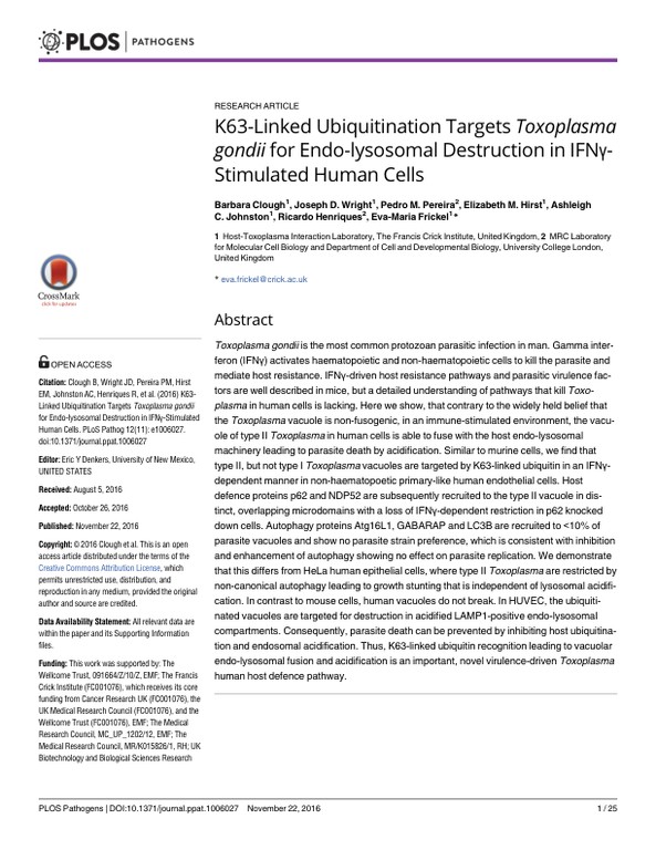 K63-Linked Ubiquitination Targets Toxoplasma gondii for Endo-lysosomal Destruction in IFNγ-Stimulated Human Cells