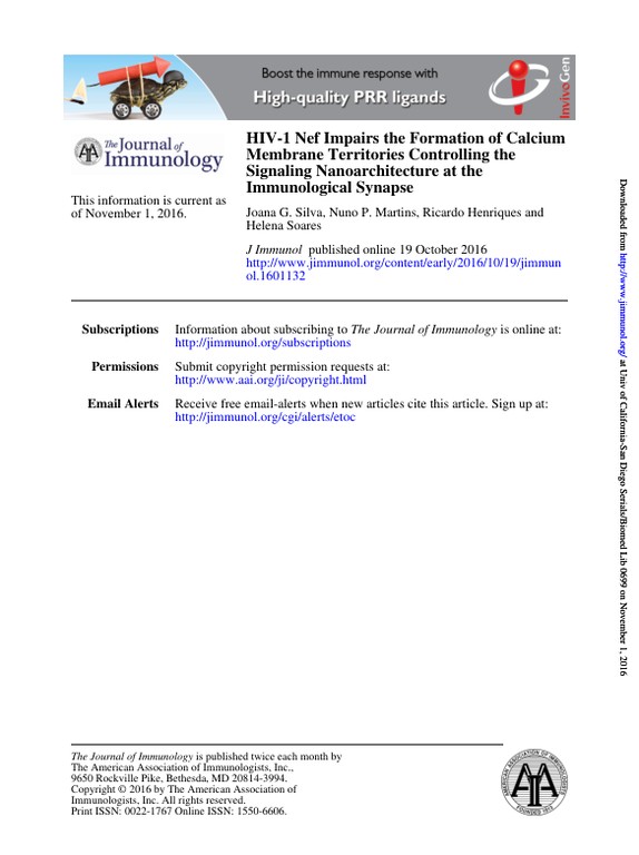 HIV-1 Nef Impairs the Formation of Calcium Membrane Territories Controlling the Signaling Nanoarchitecture at the Immunological Synapse