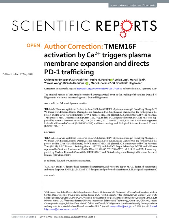 Author Correction - TMEM16F activation by Ca2+ triggers plasma membrane expansion and directs PD-1 trafficking