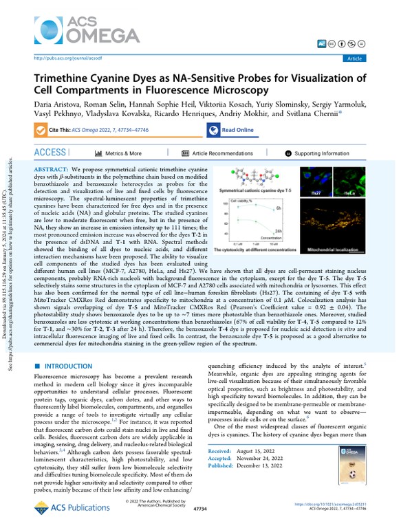 Trimethine cyanine dyes as NA-sensitive probes for visualization of cell compartments in fluorescence microscopy