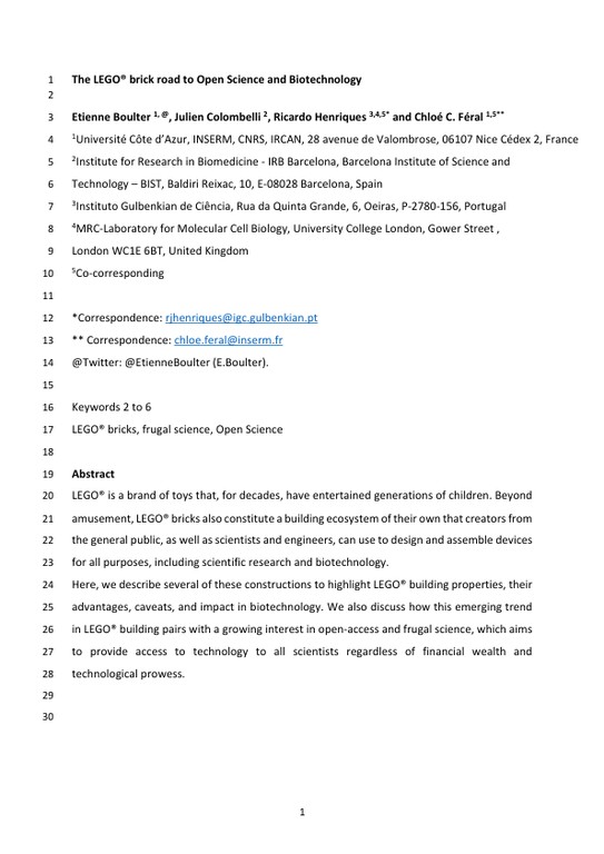 The LEGO® brick road to open science and biotechnology